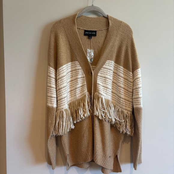 Peace Love World Black Label Fringe Cozy Knit Tan Cardigan Medium Bohemian - Picture 8 of 14